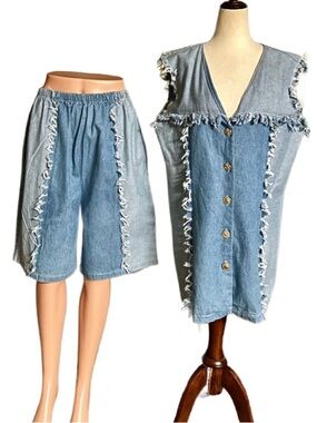 Whisper ~ Medium ~ Vintage ~ Blue Denim ~ Fringe ~ (2 Piece) ~ Top & Shorts Set